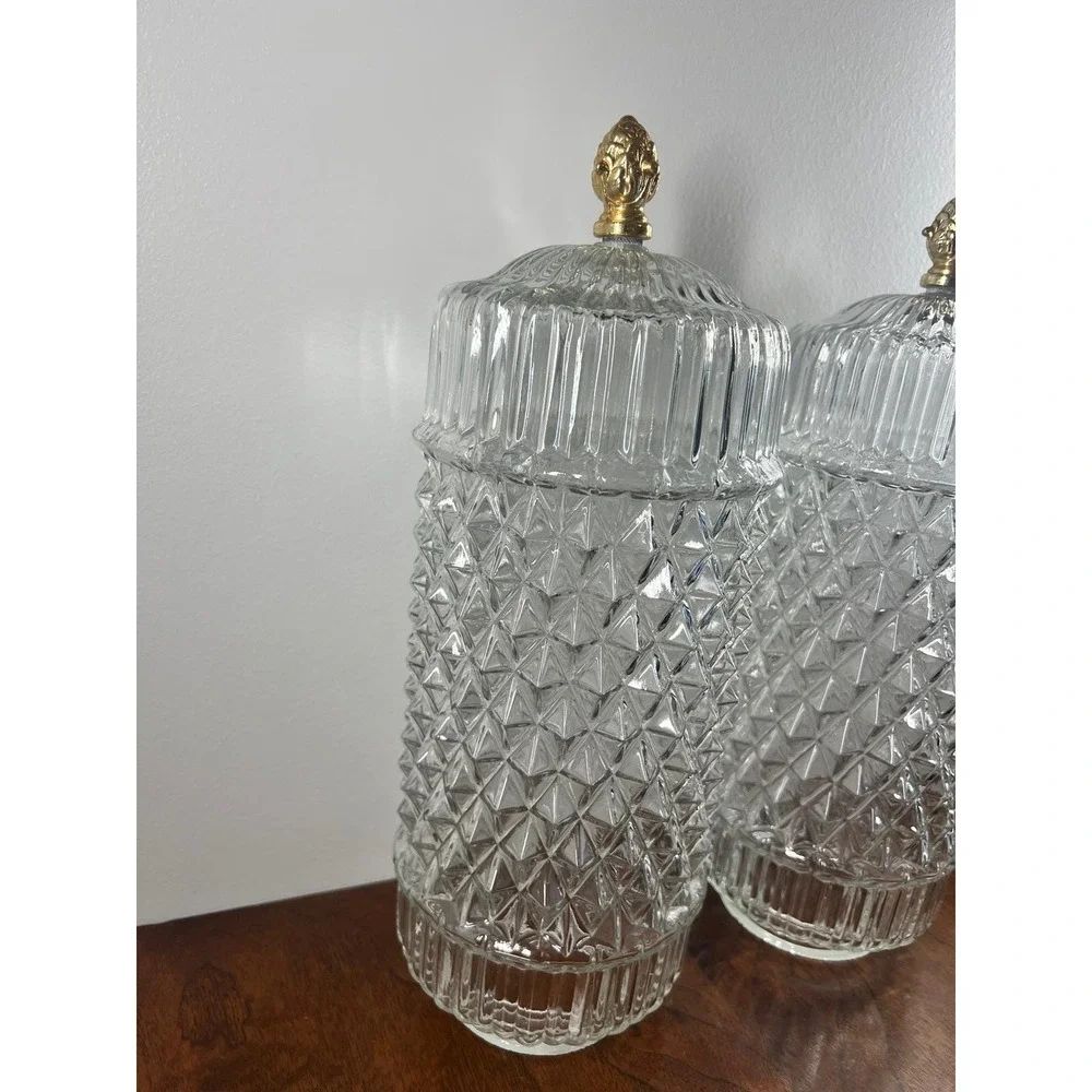 Vintage‎ Lamp Shades Diamond Point Glass Mid Century Clear Gold Finial Pair 12